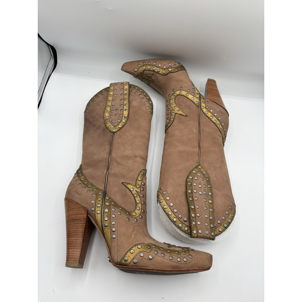 G Series Cole Haan Studded Pointed Toe Western Boots Brown Gold Glendo Boot 6.5B - Picture 9 of 14